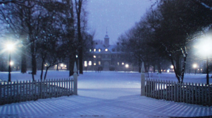 Late night snowfall on the Wren Building, the oldest continuously used academic building in the USA.